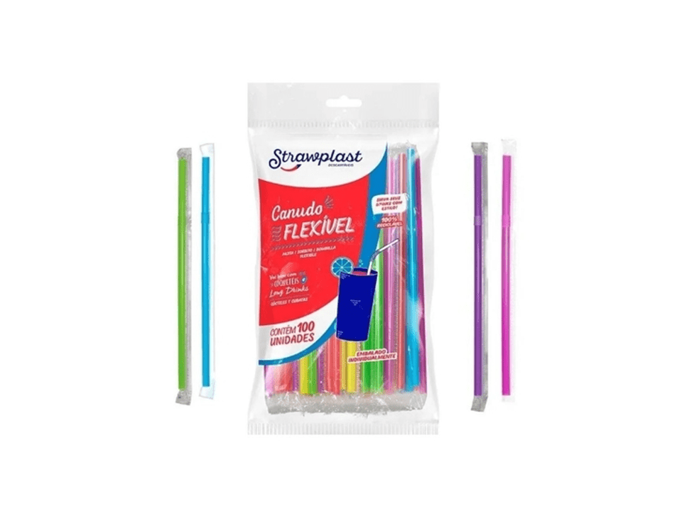 Canudo Flexível 6mm Com 100 Colorido - STRAWPLAST