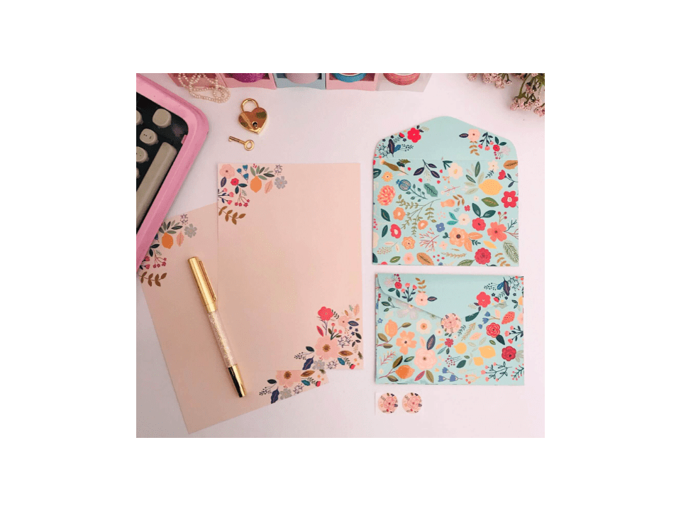 Papel De Carta Com 4 Floral Turquesa - BUENDIA